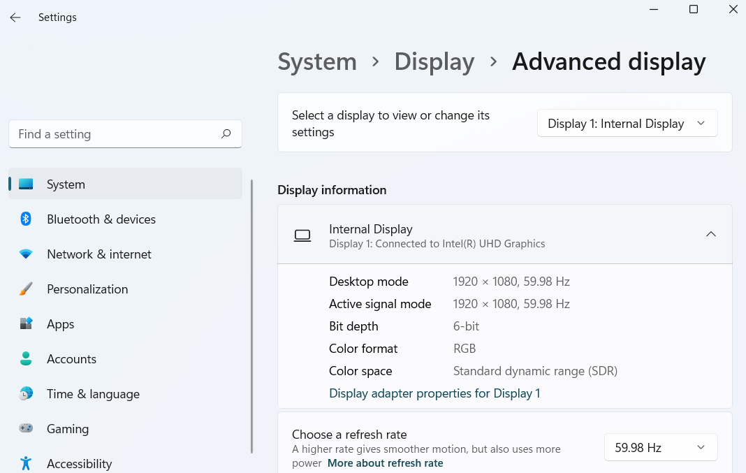 Advanced Display Settings on Windows 10