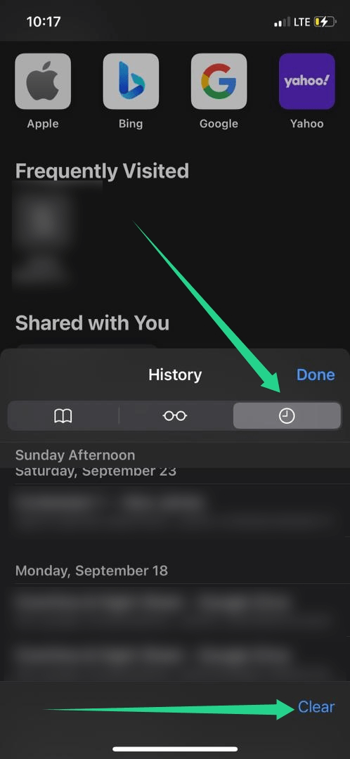 Clear browsing history on Safari