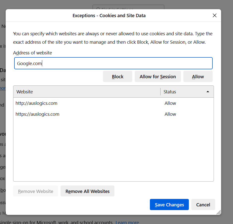 Firefox cookies and site data