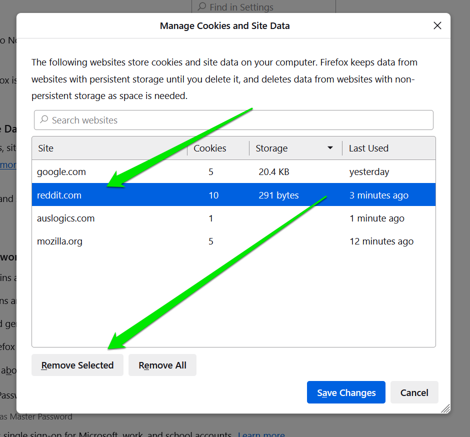 Firefox manage cookies and data