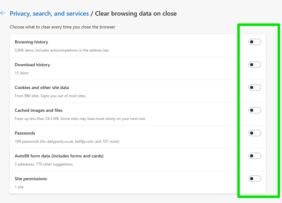 Microsoft Edge Clear Browsing Data on Close