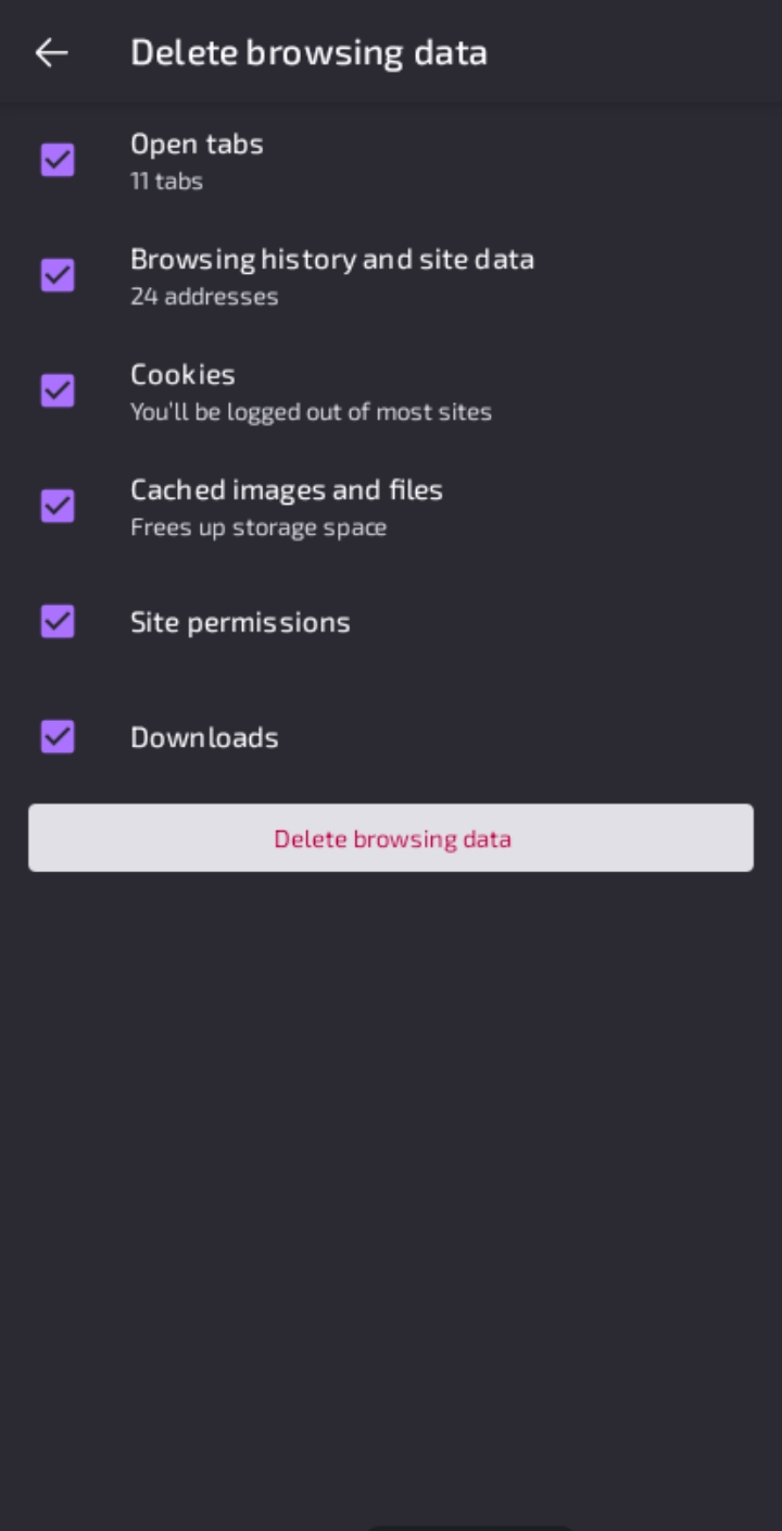 Mozilla Firefox delete browsing data mobile