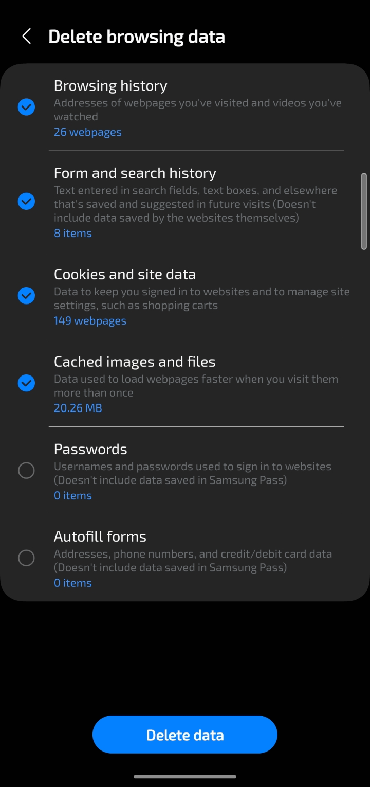 Samsung internet how to clear browsing data