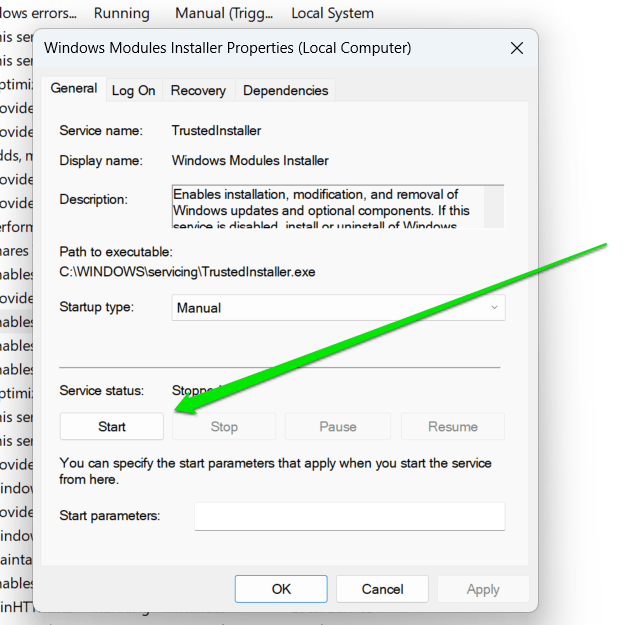 Windows Module Installer Properties