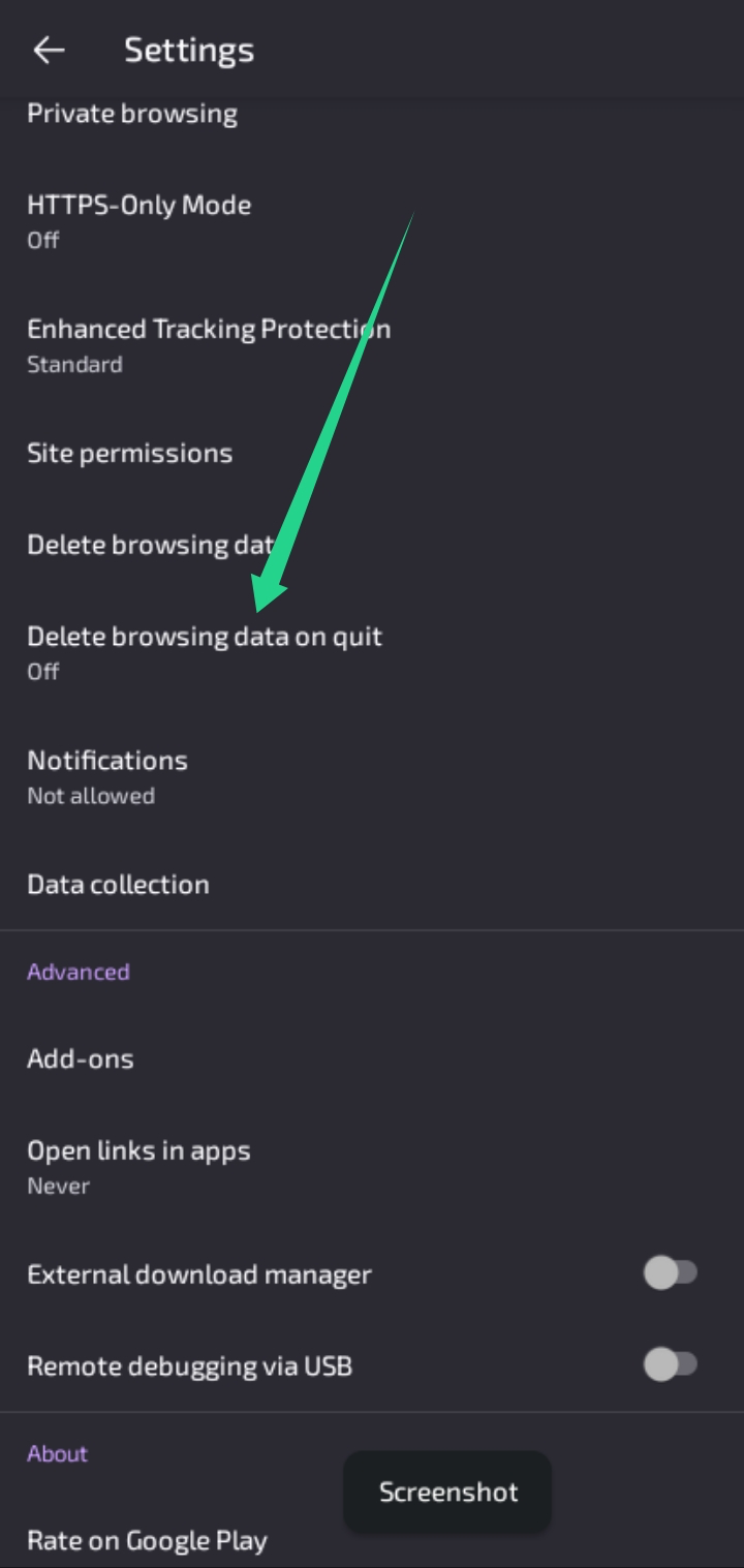 delete browsing data on quit Mozilla Firefox