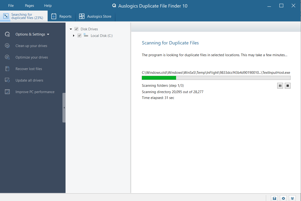 Auslogics Duplicate File Finder scanning for files