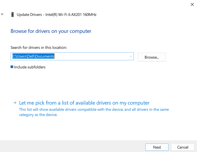 Browse for drivers on your computer