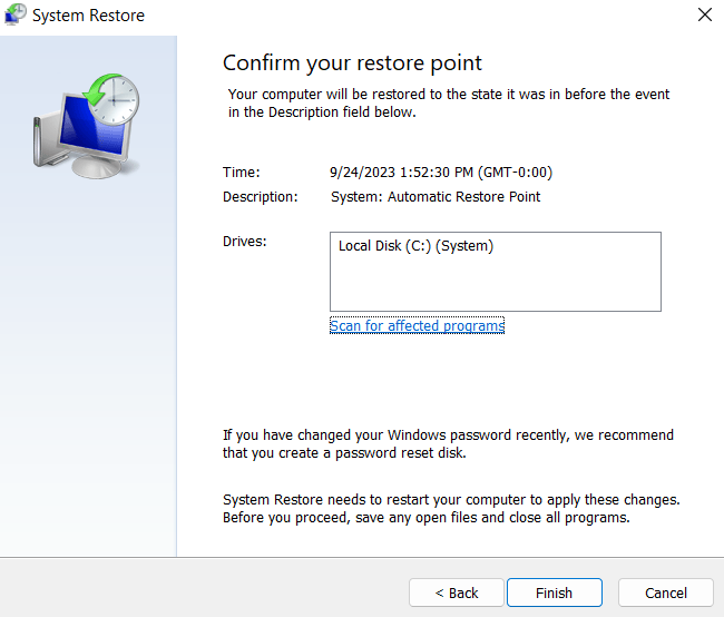 Confirm your restore point