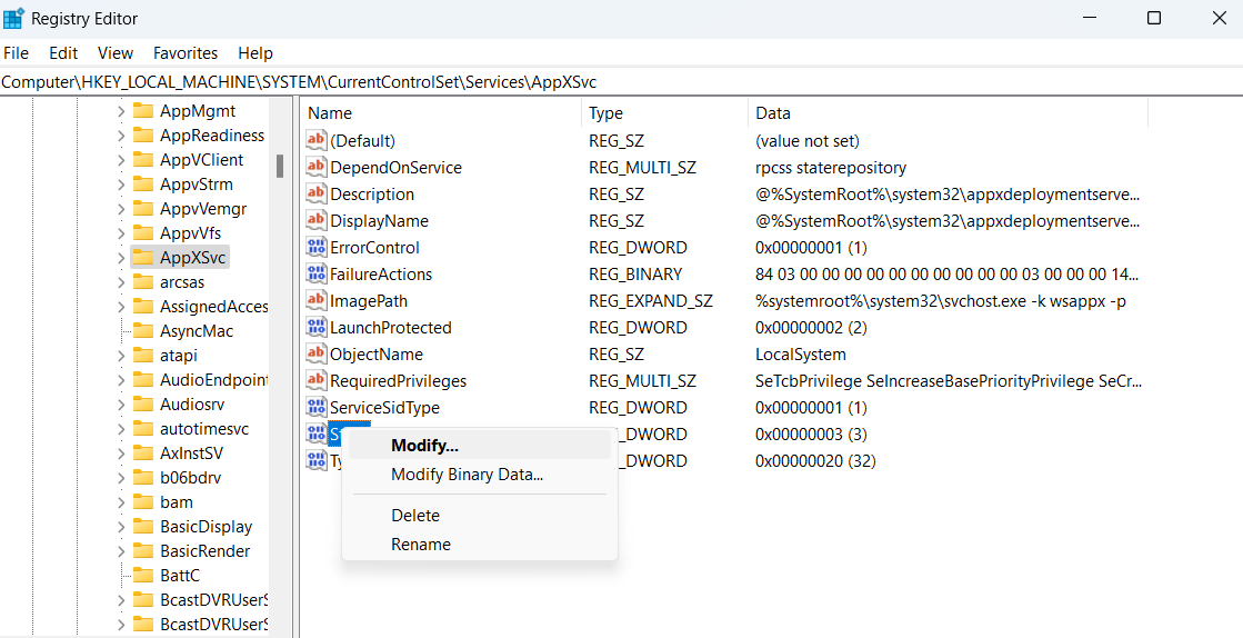 Registry Editor AppXSvc Modify