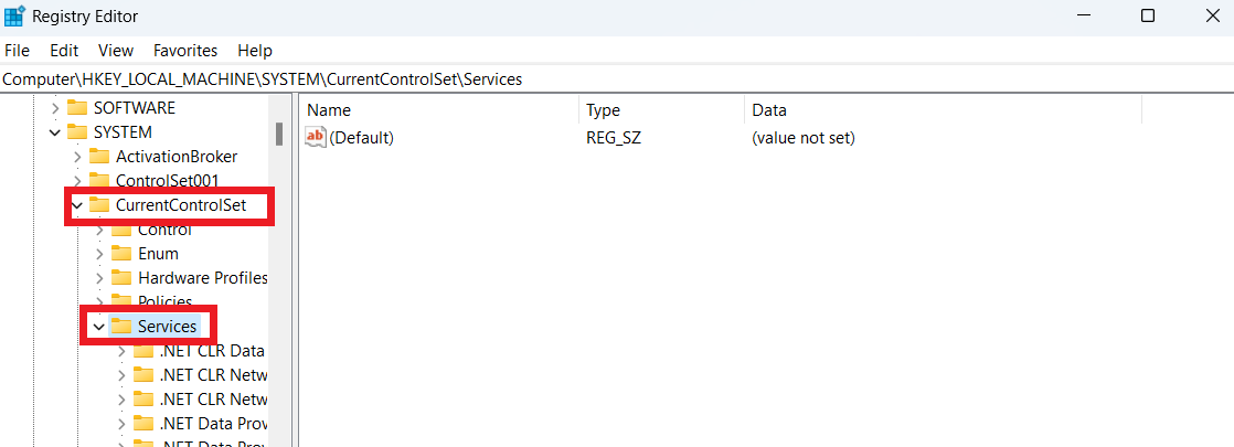 Registry Editor CurrentControlSet