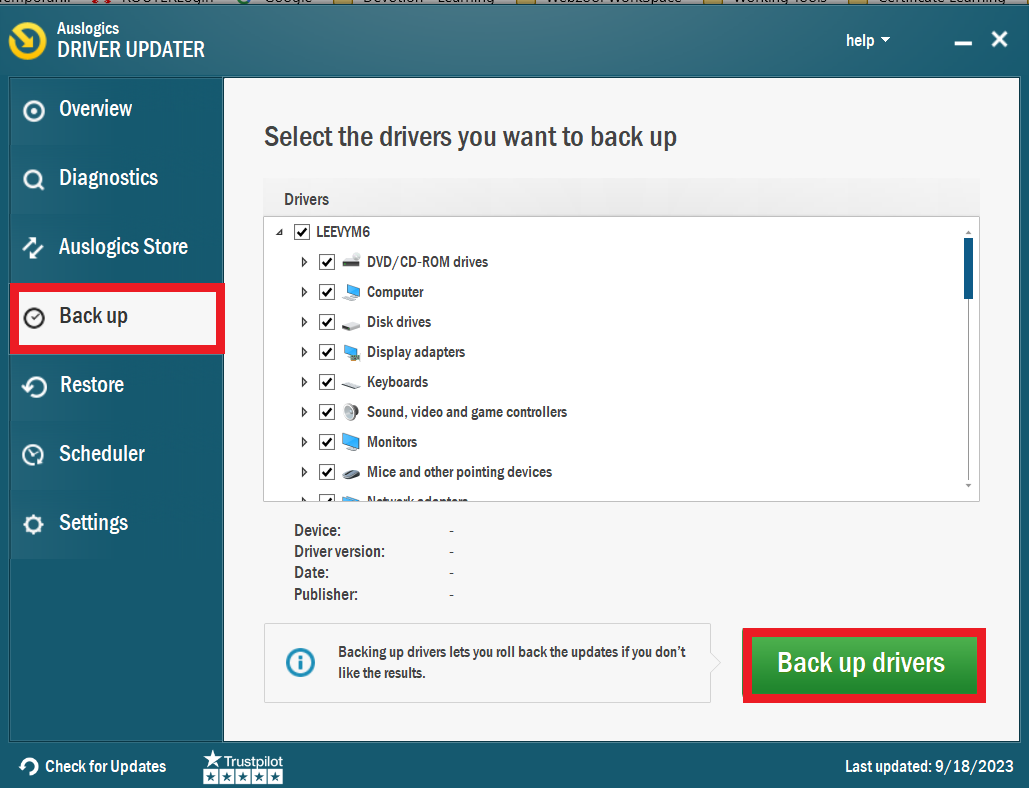 back up drivers before updating with Auslogics Driver Updater