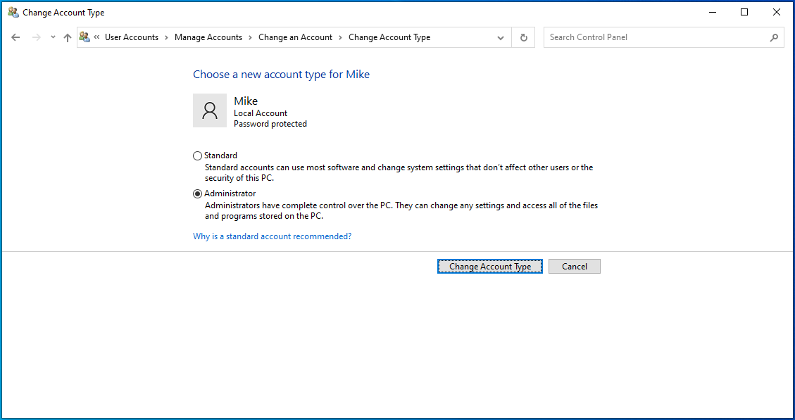 Windows Make changes to your account