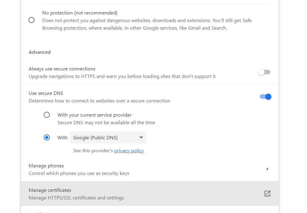 Manage HTTP:SSL certificates and settings