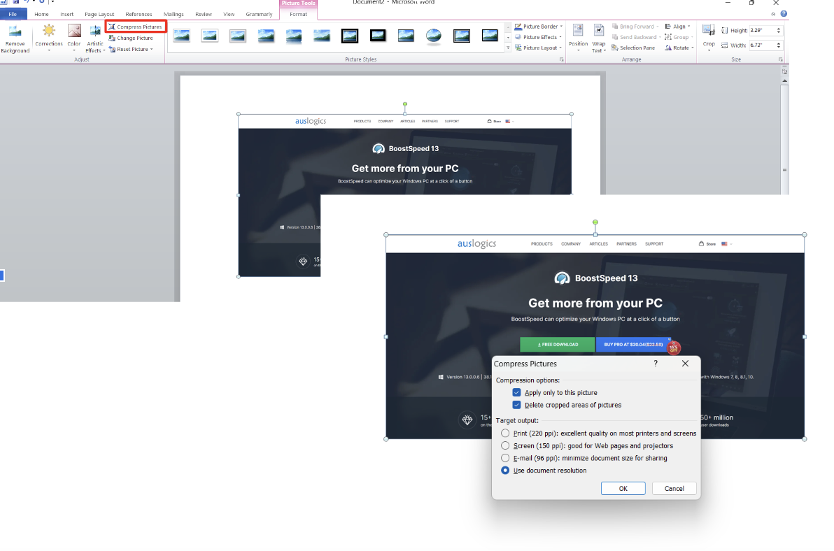 compress images on Microsoft Word