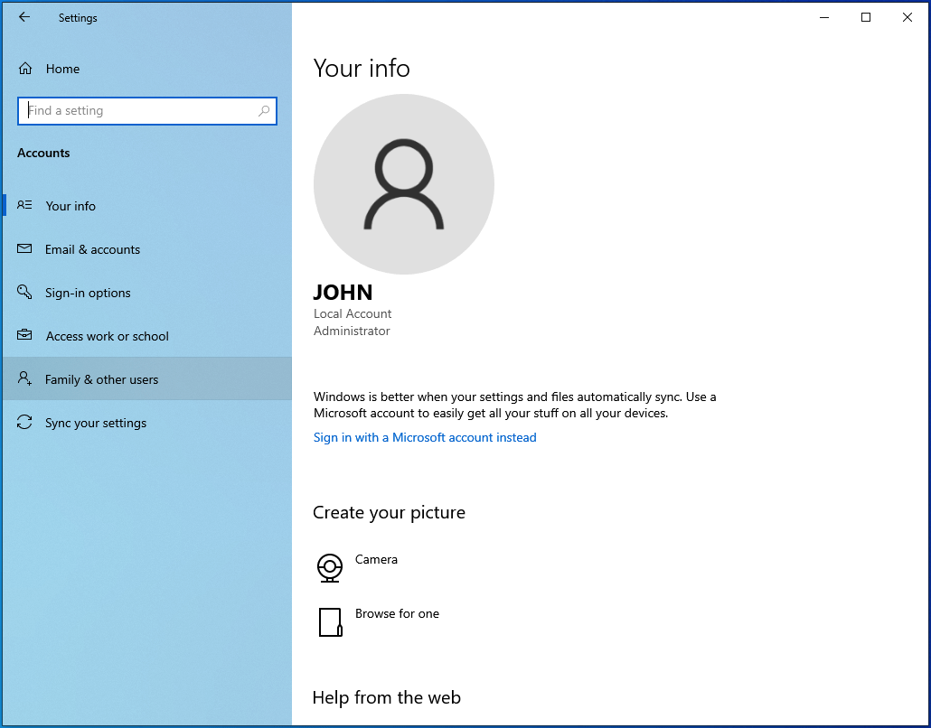 Windows 10 Your Account