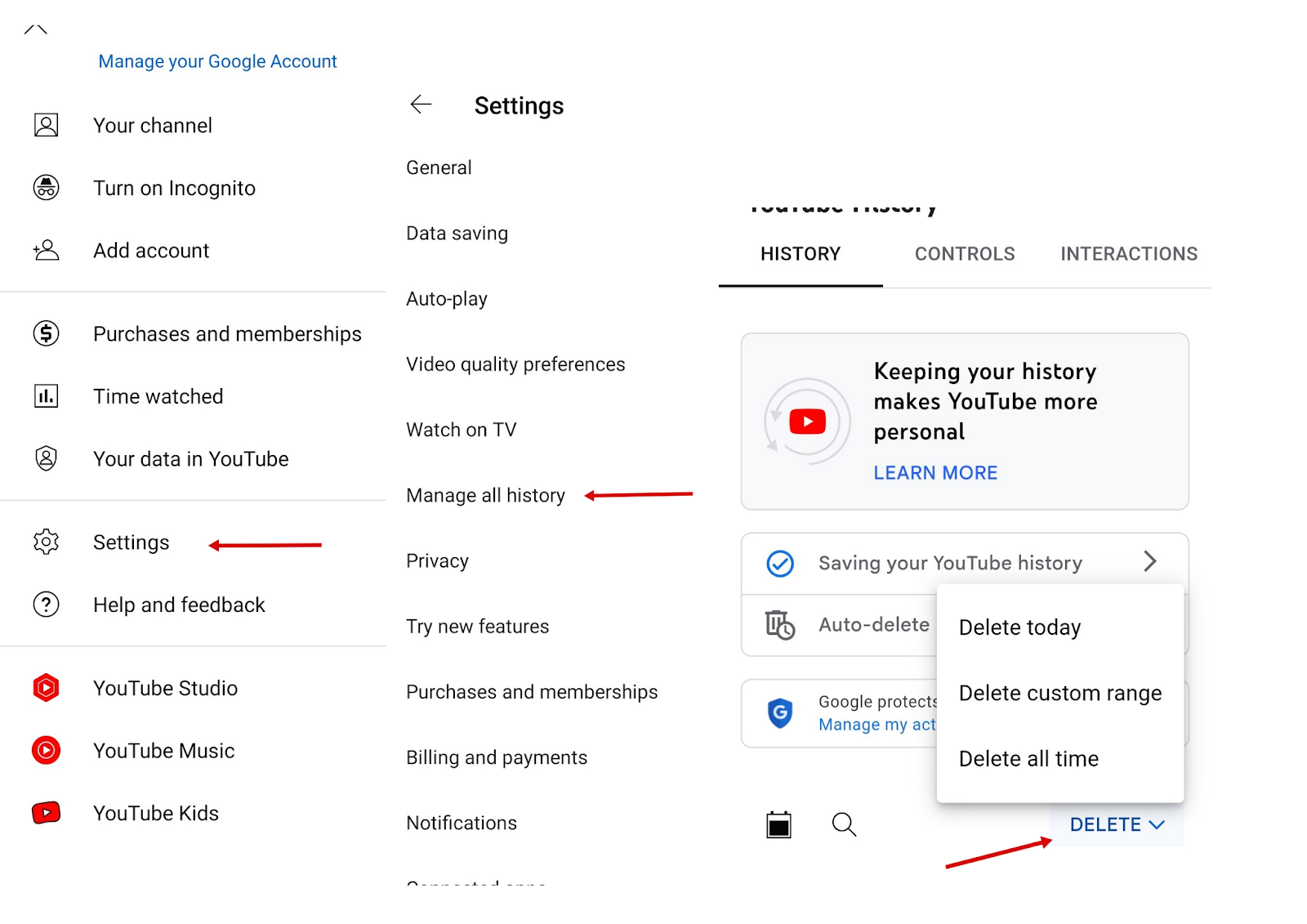 Google account youtube online history