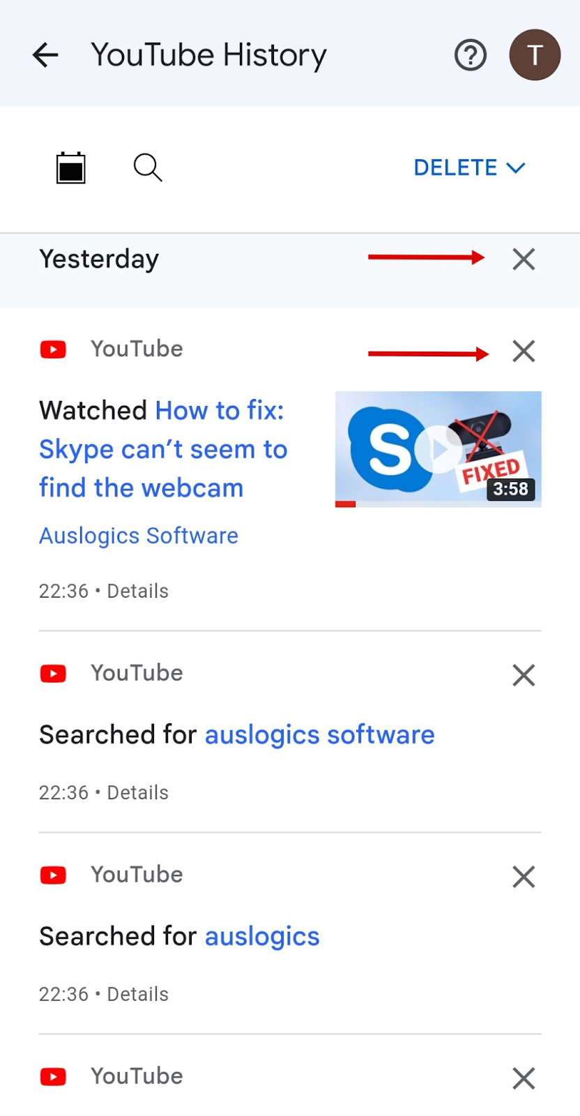 delete specific searches on the YouTube App